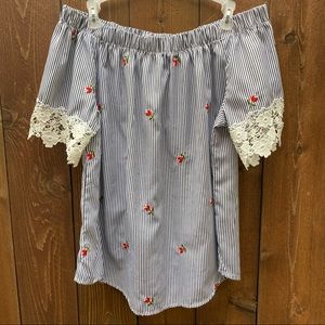 Kontrol striped off-the-shoulder blouse with rose embroidery and lace accent